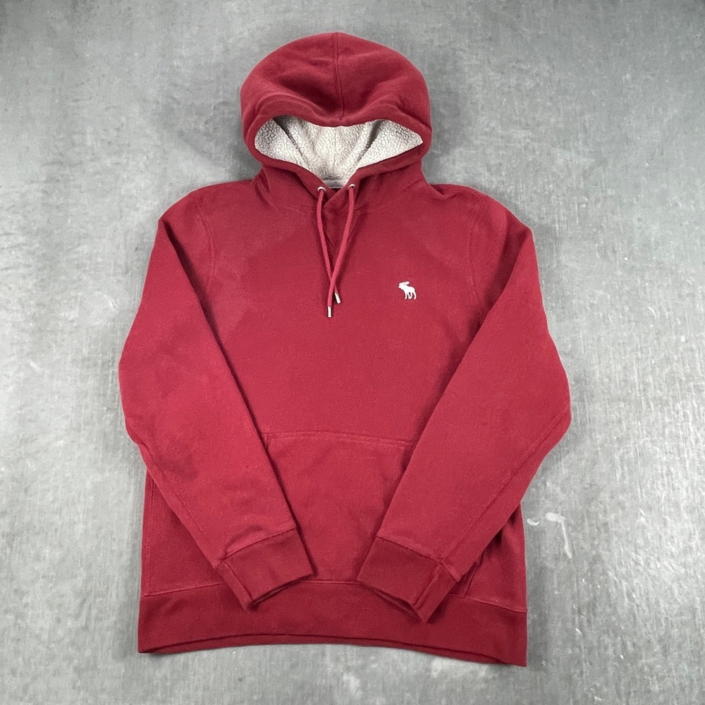 Abercrombie & Fitch Mens M Red Hoodie Soft Fleece Faux Fur Lined Hood Logo